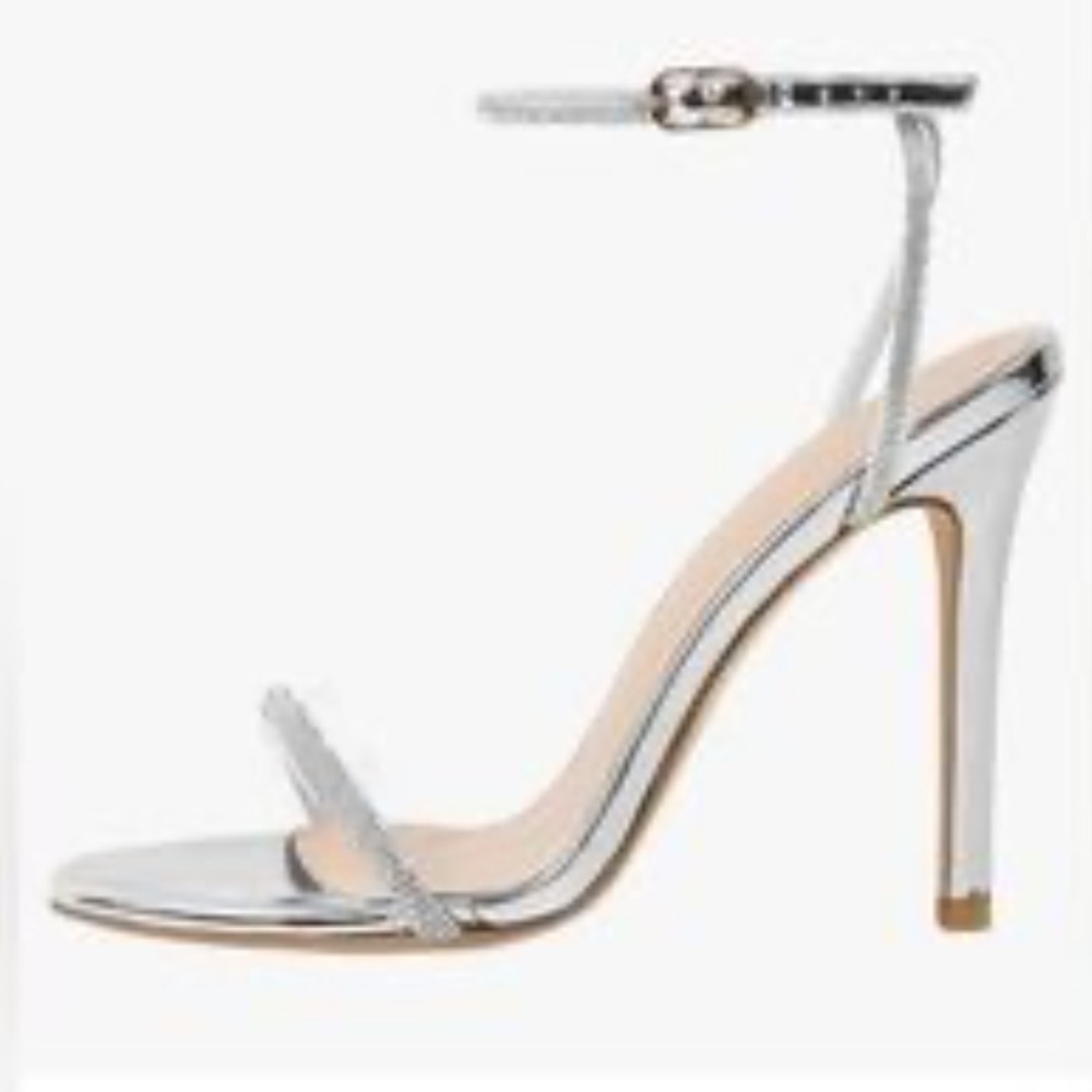 LISHAN Silverβ Rhineston AppliquΓ©s Strappy Women's Ankle Buckle Sandal. Size 38